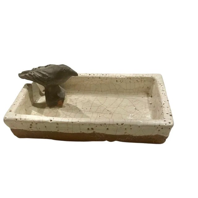 Etched Crystal Water Glass With a Pottery Tray, Accented With a Raven For Sale - Image 4 of 7