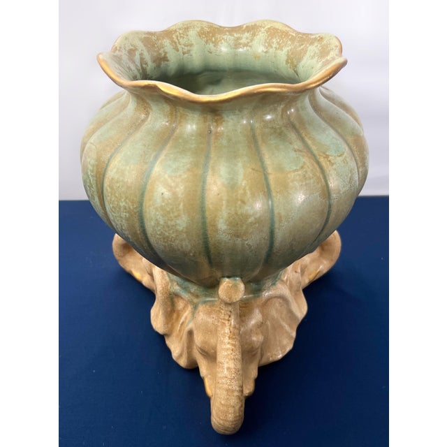 Vintage Hollywood Regency Celadon Triple Elephant Lotus Cachepot For Sale - Image 4 of 6