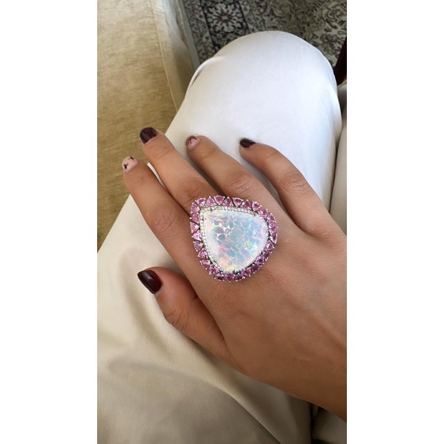 Metal 29.59 Carat Ethiopian Opal, Pink Sapphire & Diamond Cocktail Ring/ Pendant Necklace, Size 6 For Sale - Image 7 of 16