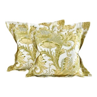 Designer Vicki Payne Free Spirit Crewel Green Cream-White Botanical Floral Leaf Pillow Covers- Pair For Sale