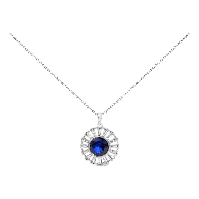 Sterling Silver Lab Grown Sapphire and Diamond Medallion Pendant Necklace For Sale