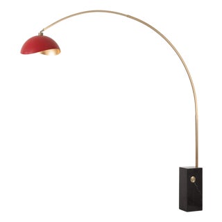 Iconic 95" Arc Floor Lamp, Mid-Century Modern, Red/Gold Shade, Brass Body For Sale