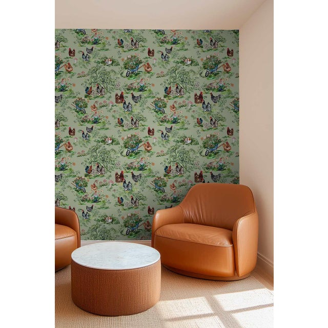 Cluckingham Farm Toile Grasscloth Wallpaper by House Party | Green Grass | 6 Yards For Sale In Charlotte - Image 6 of 9