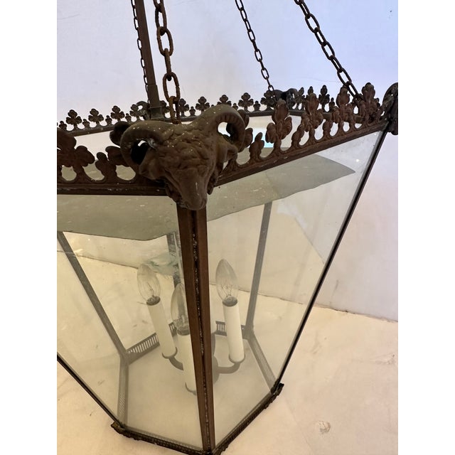 Antique Metal Tole Lantern With Ram’s Head Decoration For Sale - Image 11 of 12