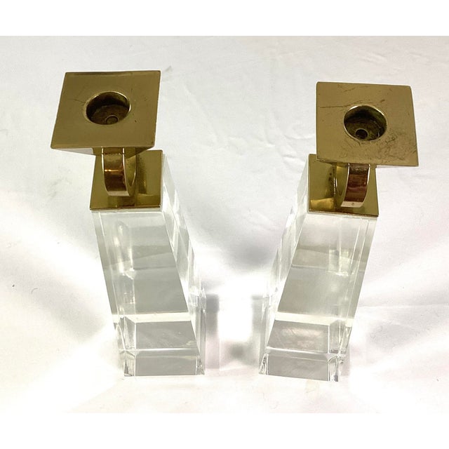 Mid-Century Modern 1960s Mid-Century Modern Lucite and Brass Obelisk Candle Holders - A Pair For Sale - Image 3 of 8