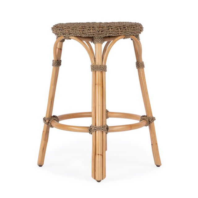 Spritely Home Accent Furniture Tobias 24 in. Seat Height Round Rattan Backless Counter Stool, Khaki Brown For Sale - Image 4 of 6