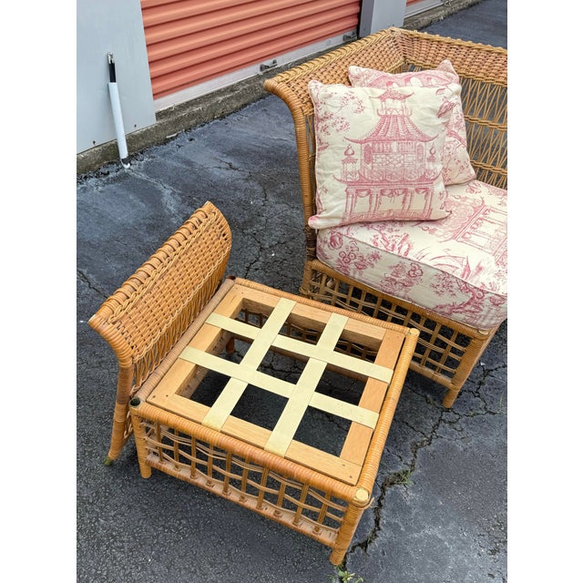 Bielecky Brothers Bielecky Style Wicker Conversion Sofa - 2 Chairs & Ottoman W/ Chinoiserie Toile For Sale - Image 4 of 11