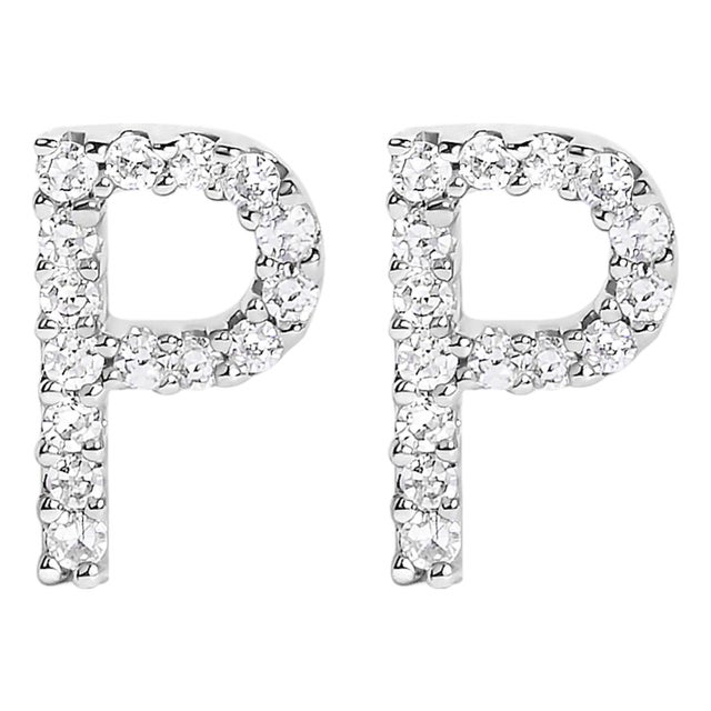 10K White Gold 1/10 Cttw Diamond 'P' Initial Stud Earring For Sale
