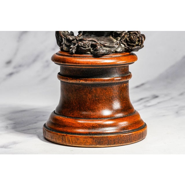 1910s Classic Antique Bronze Cherub Bust Sculpture on Wood Pedestal Edwardian Putti Figure For Sale - Image 5 of 11