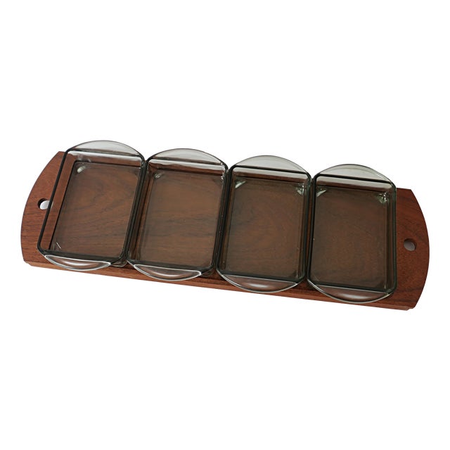 Scandinavian Teak Appetizer Tray and Dishes, Denmark, 1970s, Set of 5 For Sale