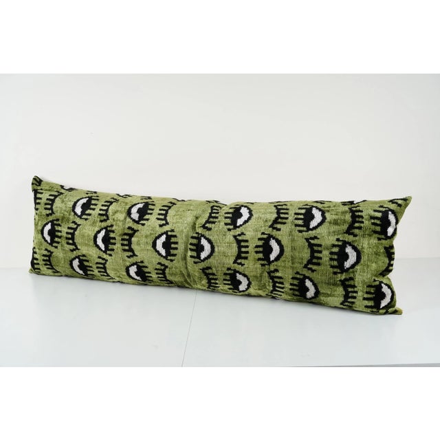 Green Green Silk Ikat Velvet Eye Bench Pillow Case - Set of Three For Sale - Image 8 of 12
