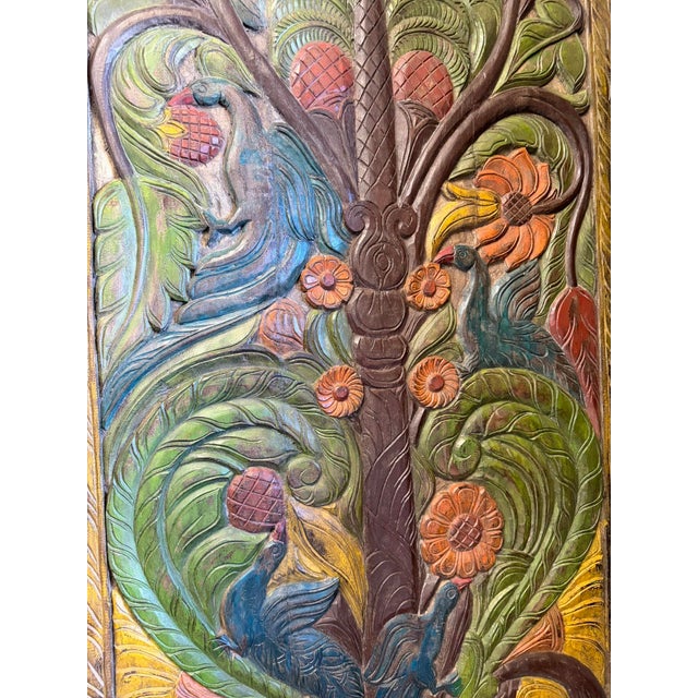 Vintage Hand-Painted Tree of Life Wood Wall Panel With Carved Peacock & Lotus Art 84x36 For Sale - Image 4 of 7