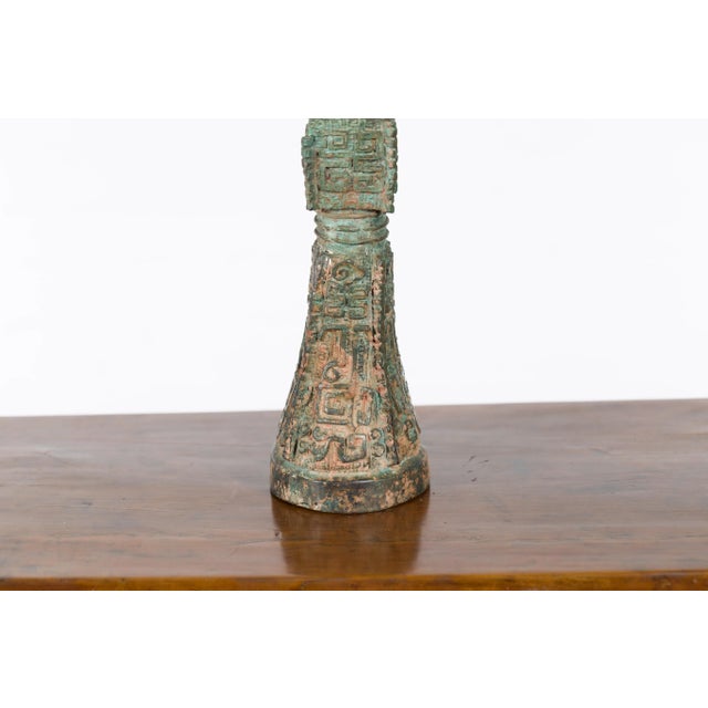 Metal Vintage Lost Wax Cast Bronze Flute Shaped Ceremonial Vessel with Verde Patina For Sale - Image 7 of 12