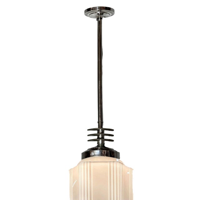 1930s 1930s Art Deco Chrome Streamline Pendant Light W/ Skyscraper Milk Glass Shade For Sale - Image 5 of 6