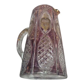 Antique Edwardian Bohemian Cut Crystal Amethyst Overlay, Raised 24k Gold Gilt Pitcher For Sale