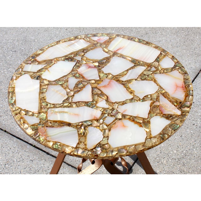 Vintage Agate, Onyx & Abalone Mosaic Side Table With Wrought Iron Base – Hollywood Regency / Mexican Modern For Sale In Naples, FL - Image 6 of 17