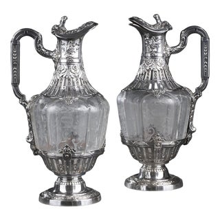 19th Century Ewers with Engraved Crystal and Silver Mounts, 1880, Set of 2 For Sale