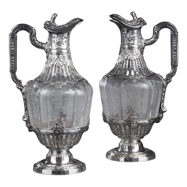 19th Century Ewers with Engraved Crystal and Silver Mounts, 1880, Set of 2 For Sale