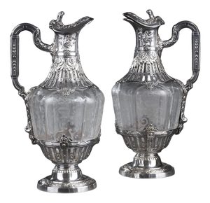 19th Century Ewers with Engraved Crystal and Silver Mounts, 1880, Set of 2