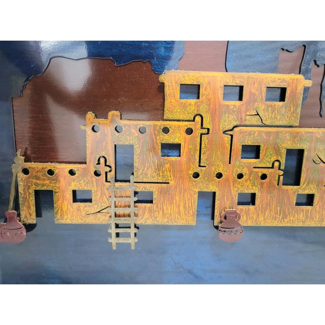 1970's ​Vintage Southwestern Flame-Cut Copper & Brass Pueblo Relief Navy Blue Wall Art Sculpture For Sale In West Palm - Image 6 of 6