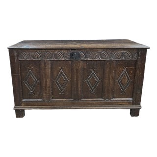 Late 18th Century English Period Oak Carved and Paneled Trunk For Sale