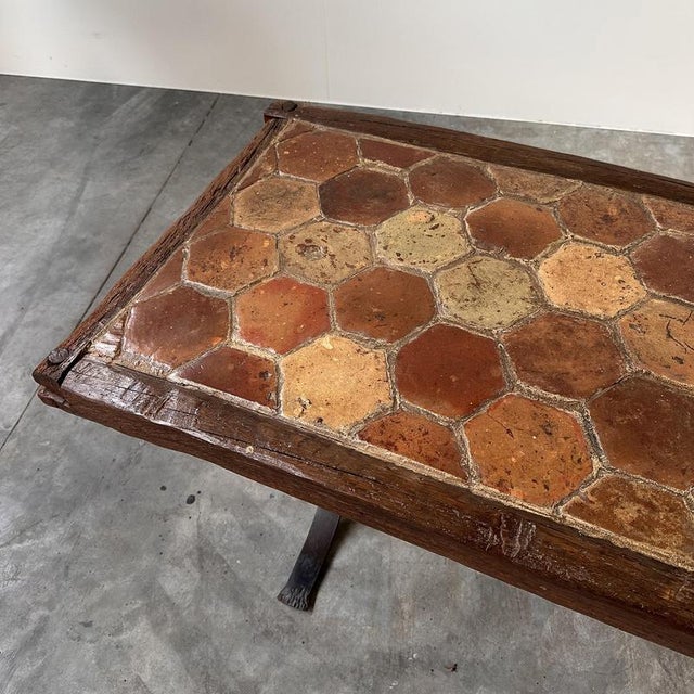 Vintage French Terracotta Tile Coffee Table with Oak and Iron Base, France For Sale - Image 3 of 12