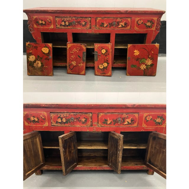 Red Mid 19th Century Antique Chinese Painted Red Lacquer Wedding Chest Sideboard For Sale - Image 8 of 11