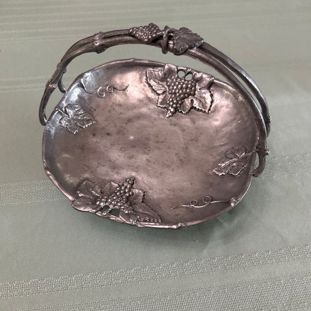 19th C. Nouveau Jugendstil Ornate Pewter Handled Basket Visiting Card Tray