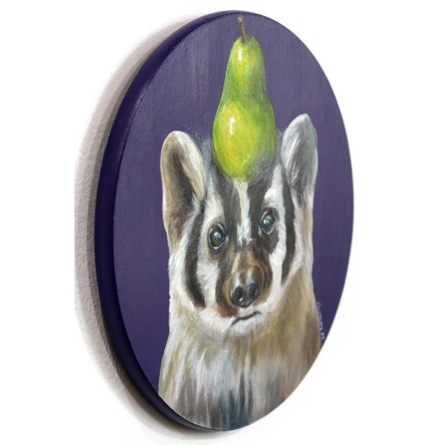 Contemporary A Portrait of a Badger and His Pear - Original Animal Portrait Oil Painting on Wood Panel by Jj Galloway For Sale - Image 3 of 9