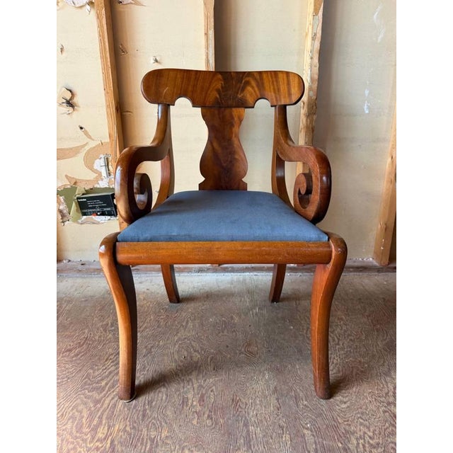 Early 20th Century Set of 6 Crotch Flame Mahogany Empire Style Saber Leg Dining Chairs For Sale - Image 17 of 18