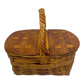 Single Handled Woven Vintage Picnic Basket For Sale