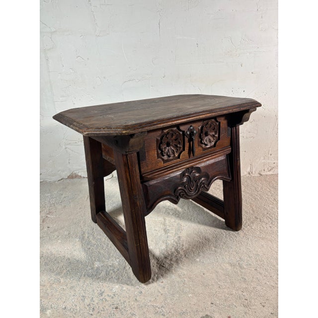 Brown Spanish Castilian Carved Wood Side Table with Iron Hardware, Early 20th Century For Sale - Image 8 of 14