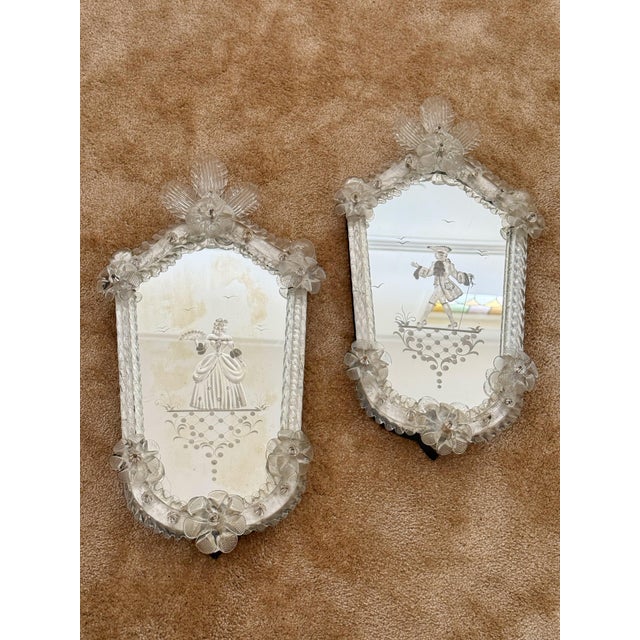 Pair of Murano Glass Mirrors with Integrated Candle holders. Italy circa 1940. Venetian Etched Woman and Man Glass Mirror...