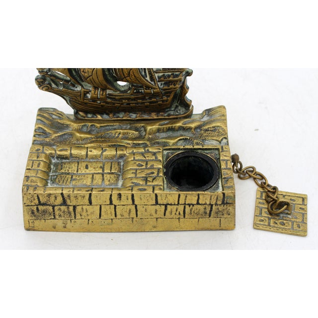 English 1924 English Brass Ship Inkstand For Sale - Image 3 of 7