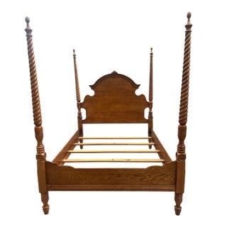 Traditional Queen Rope Twist Oak Poster Bed Frame For Sale