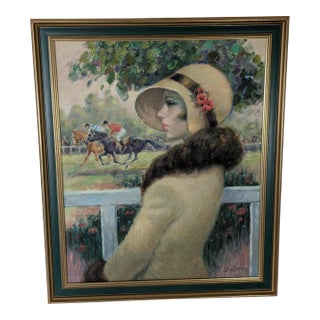 Mid 20th Century Oil Painting by Francois Batet Named Aux Courses For Sale
