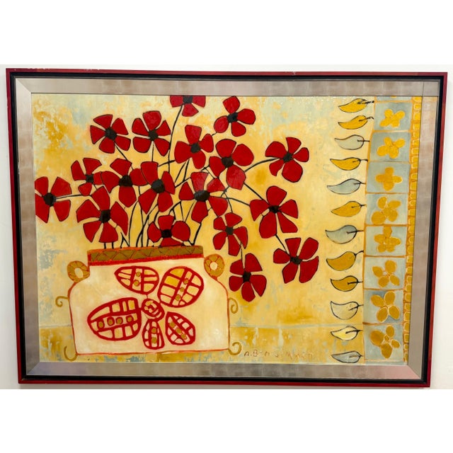 Monumental Original Avi Ben Simhon Floral Still Life, Oil & Enamel on Canvas A monumental original painting by Israeli...