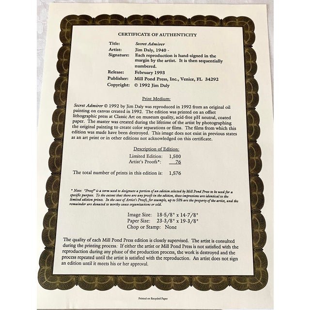 Late 20th Century Vintage Jim Daly Signed & Numbered Limited Edition Americana Print “Secret Admirer” Exquisitely Framed and Double Matted Excellent Condition. For Sale - Image 5 of 18
