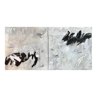 “Collected Memories" Modern Black Grey Original Abstract Diptych Painting by Michele Zuzalek - Set of 2 For Sale