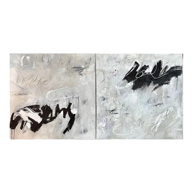 “Collected Memories" Modern Black Grey Original Abstract Diptych Painting by Michele Zuzalek - Set of 2 For Sale