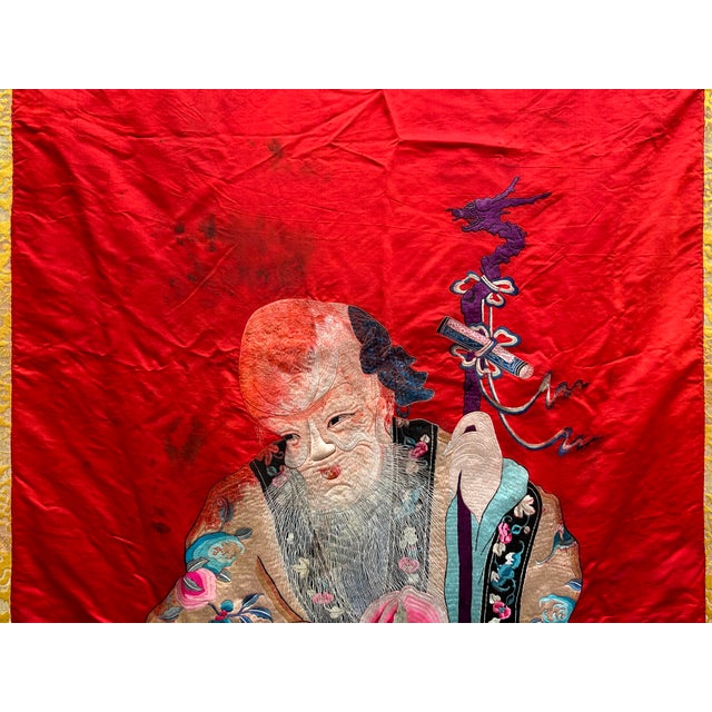 Textile Vintage Chinese Shoulao Longevity Peach Deer Embroidery Fabric Tapestry Art For Sale - Image 7 of 16