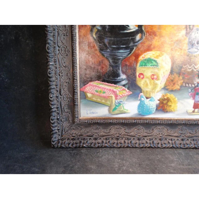 Mexican Late 20th Century Still Life with Sugar Skull Oil Painting by Alfonso Tirado, Framed For Sale - Image 3 of 10