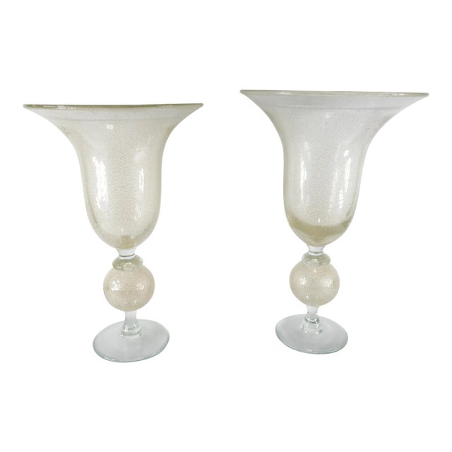 Large Pair of Mid-Century Italian Murano Glass Gold Speckled Urns For Sale
