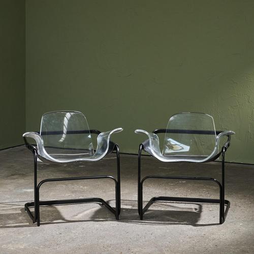Cantilever Lounge Chairs in Acrylic, Leather and Steel by Paolo Tilche for Arform Brasil, 1970s, Set of 2 For Sale - Image 6 of 13