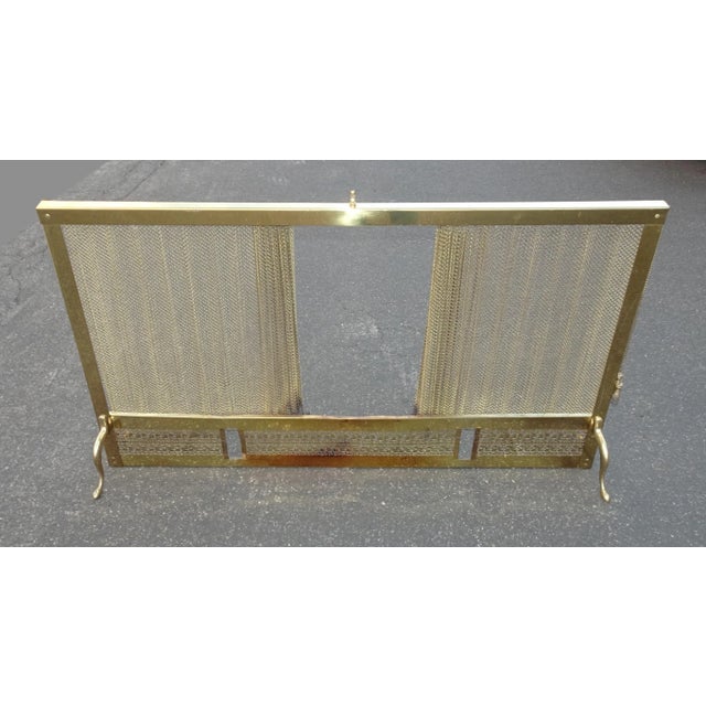 French Country Vintage French Country Gold Metal & Brass Fireplace Screen With Metal Curtain For Sale - Image 3 of 13