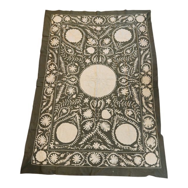 Oilve Green and Cream Suzani Bed Cover For Sale