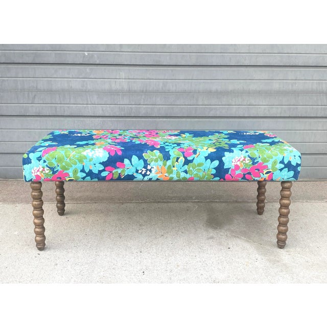 Thibaut Canopy Central Park Navy & Pink Fabric upholstered bobbin legged bench. This is a newer bench made by Forty West...