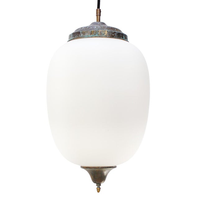 Aged Brass and White Mat Opaline Glass Pendant Light For Sale - Image 9 of 9