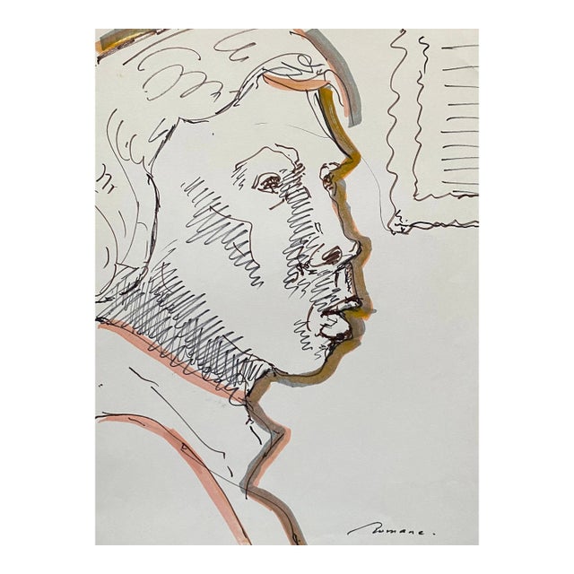 1970s Erika Romane Latvian Watercolor and Ink Portrait For Sale