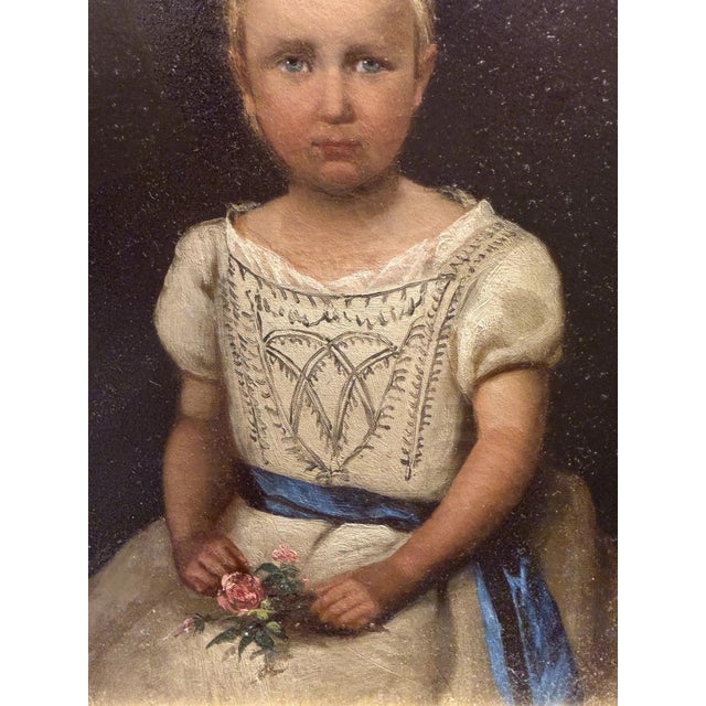 Biedermeier Artist, Child Portrait, Girl with Rose, 1840, Oil Painting on Canvas, Framed For Sale - Image 4 of 10